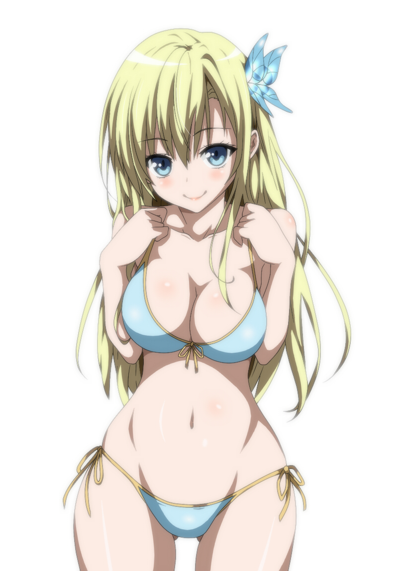 aqua_eyes, bikini, blonde_hair, blue_bikini, blue_swimsuit, blush, boku_wa_tomodachi_ga_sukunai, breast_squeeze