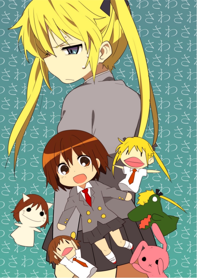 bad_id, blonde_hair, blue_eyes, brown_hair, hand_puppet, kill_me_baby, long_hair, momomo