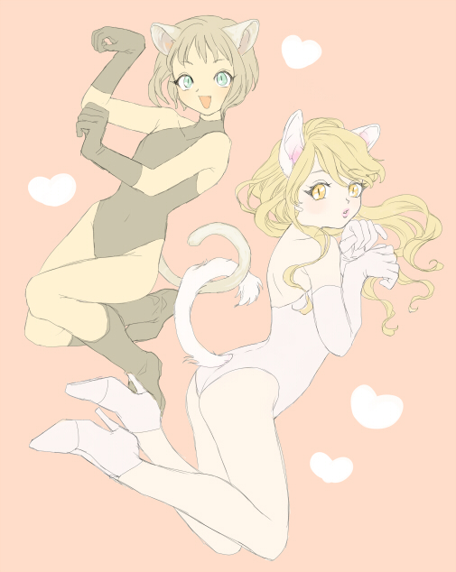 animal_ears, blonde_hair, boots, brown_eyes, cat_ears, cat_tail, elbow_gloves, fangs