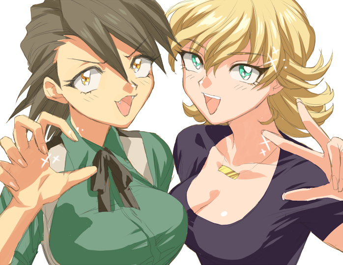 bad_id, barnaby_brooks_jr, blonde_hair, breasts, brown_eyes, brown_hair, cleavage, fangs