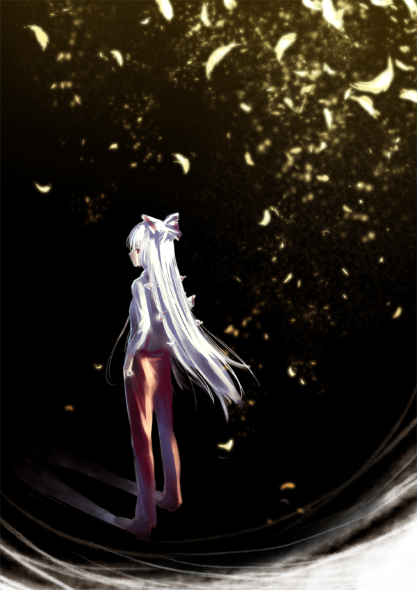 black_background, bow, dark, eclps, feathers, fujiwara_no_mokou, hair_bow, long_hair