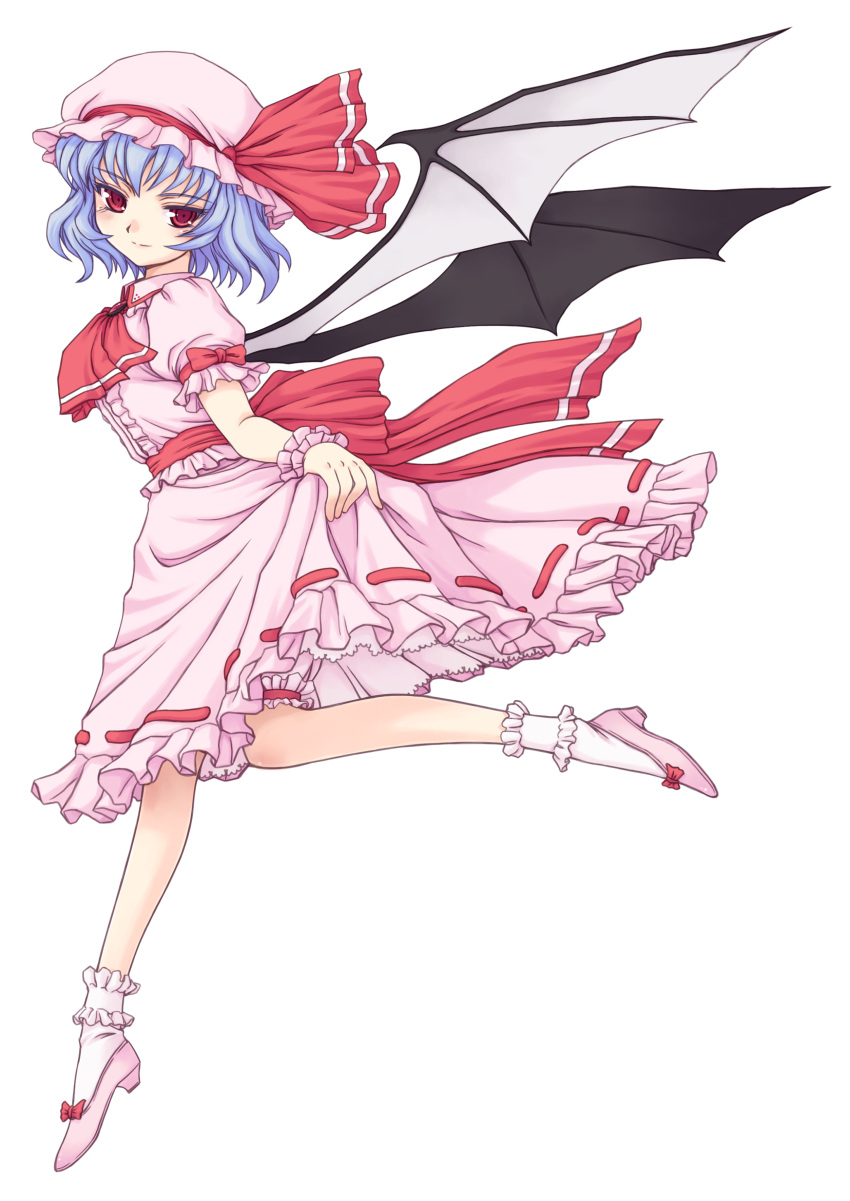 bat_wings, blue_hair, highres, light_smile, orebalgum, red_eyes, remilia_scarlet, running