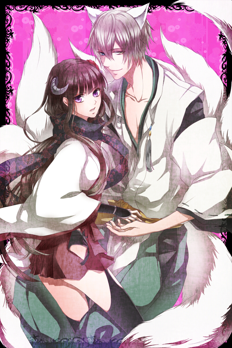 1girl, animal_ears, arm_guard, arm_guards, black_hair, black_legwear, couple, flower