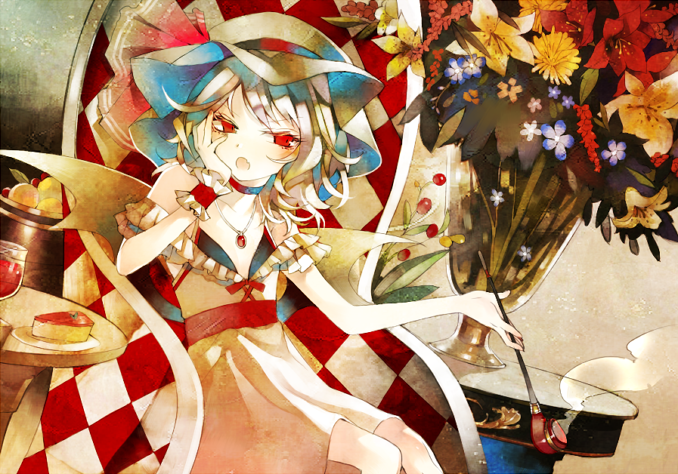 alternate_costume, bat_wings, blush, cake, chair, cup, fang, flower, food, hat, jewelry, kiseru, necklace, open_mouth, pipe, prino_hawell, red_eyes, remilia_scarlet, short_hair, sitting, solo, touhou, wine, wine_cup, wine_glass, wings, wrist_cuffs