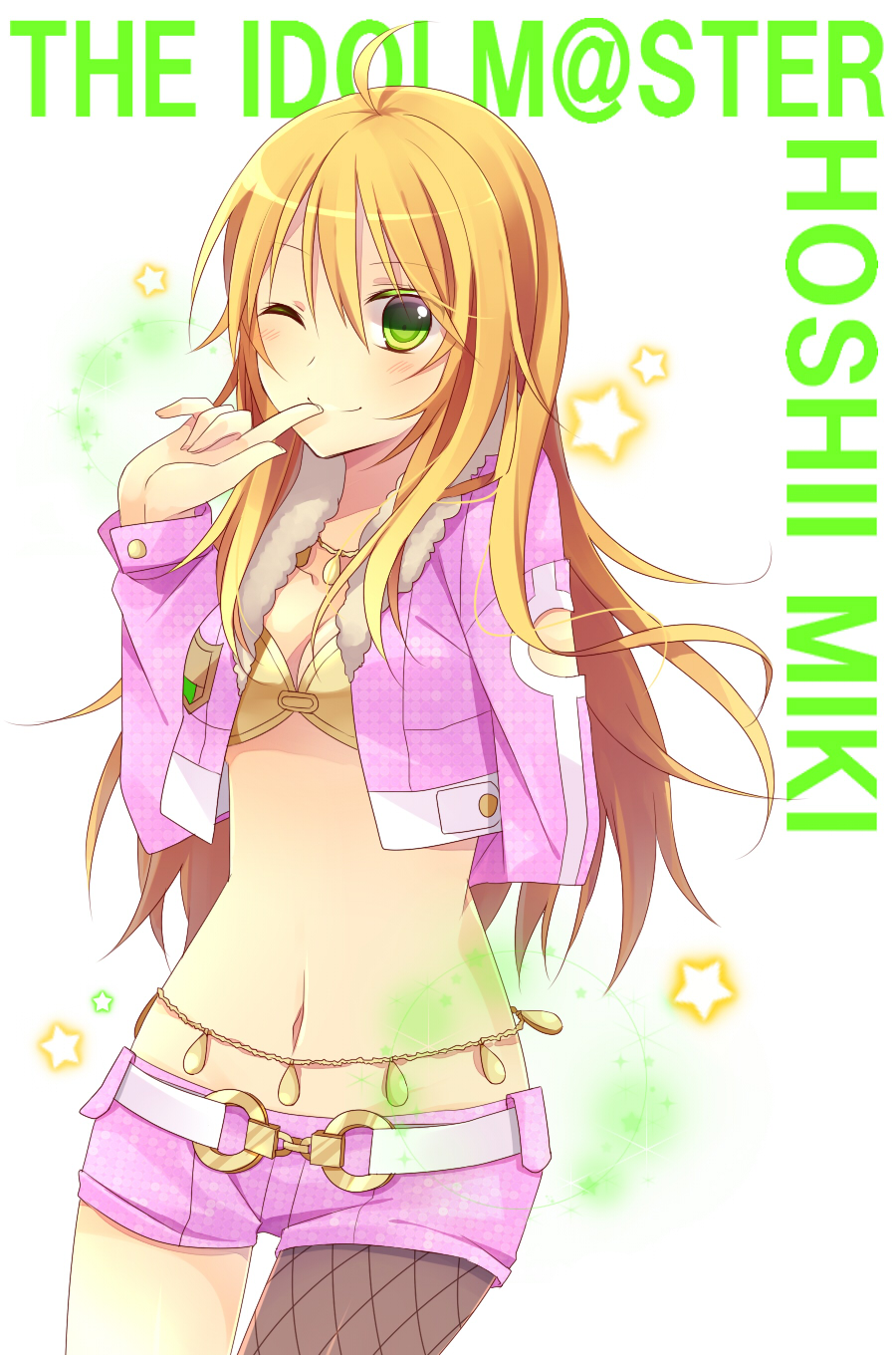 ahoge, belly_chain, belt, blonde_hair, character_name, cool_&amp;_sexy_(idolmaster), fishnet_pantyhose, fishnets, green_eyes, highres, hoshii_miki, idolmaster, izakiai, jacket, jewelry, konase_(non_stop!), long_hair, midriff, navel, necklace, pantyhose, shorts, smile, solo, title_drop, wink
