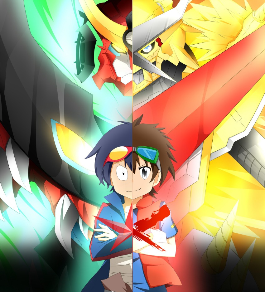 blue_eyes, blue_hair, brown_hair, crossed_arms, crossover, digimon, digimon_xros_wars, drill