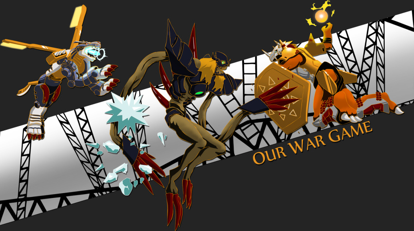 battle, blonde_hair, claws, diablomon, digimon, digimon_adventure, fireball, green_eyes, helmet, highres, horns, ice, metalgarurumon, monster, no_humans, red_eyes, red_hair, redhead, sharp_teeth, shield, short_hair, spikes, tail, title_drop, waking_dreamer, wargretmon, wargreymon, wings