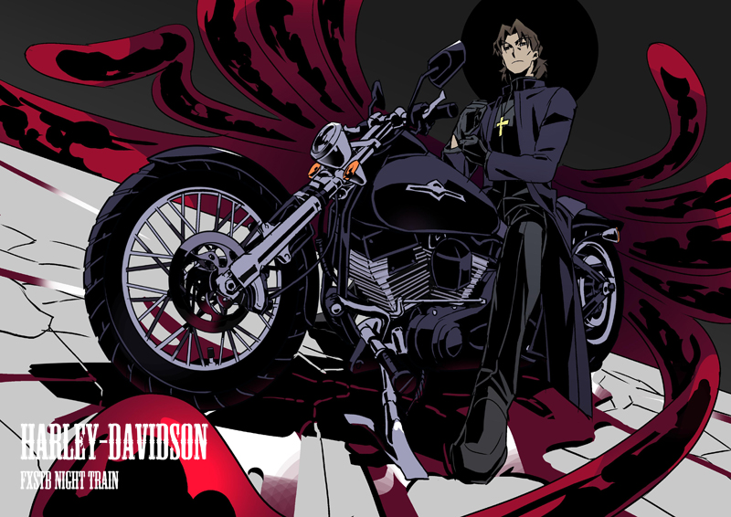brown_eyes, brown_hair, cassock, cross, cross_necklace, fate/stay_night, fate_(series), harley_davidson