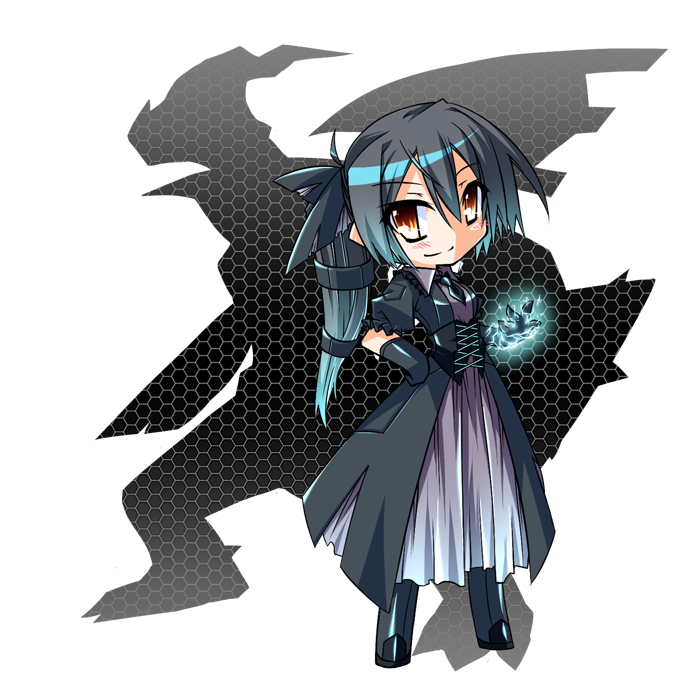 black_hair, boots, brown_eyes, corset, dragon, dress, electricity, gloves