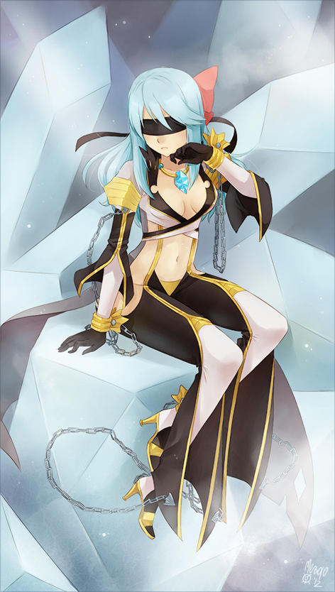 bdsm, blindfold, blue_hair, bondage, boots, bow, breasts, chain, chains, cleavage, cuffs, gloves, hair_bow, high_heels, ice, jewelry, long_hair, meago, midriff, navel, necklace, original, ragnarok_online, shoes, signature, sitting, solo, thigh-highs, thigh_boots, thighhighs, warlock, warlock_(ragnarok_online)