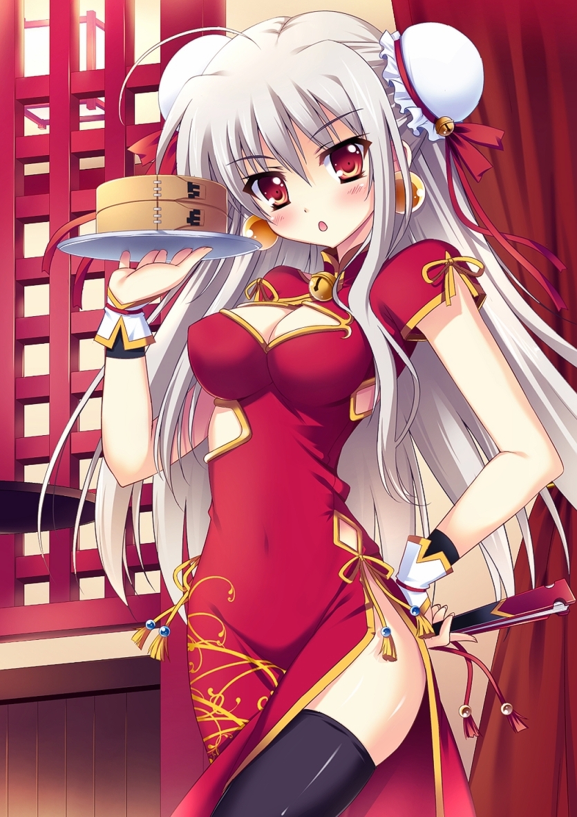 ahoge, bamboo_steamer, bell, black_legwear, blush, breasts, bun_cover, china_dress