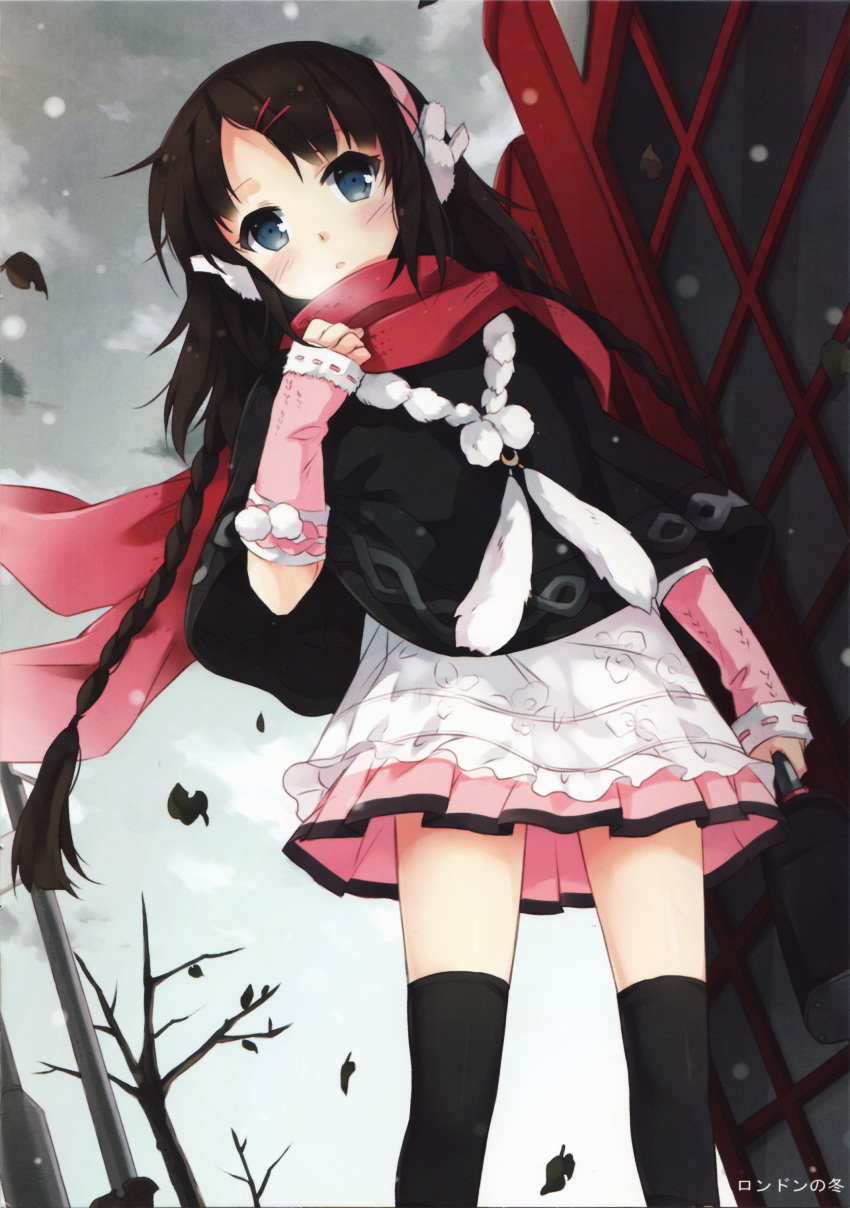 absurdres, arm_warmers, bag, black_legwear, blue_eyes, blush, braid, breath, brown_hair, bunny_earmuffs, earmuffs, hair_ornament, hairclip, highres, lamppost, leaf, long_hair, looking_at_viewer, nyanya, open_mouth, original, pleated_skirt, scarf, school_bag, skirt, snow, snowing, solo, thigh-highs, thighhighs, twin_braids