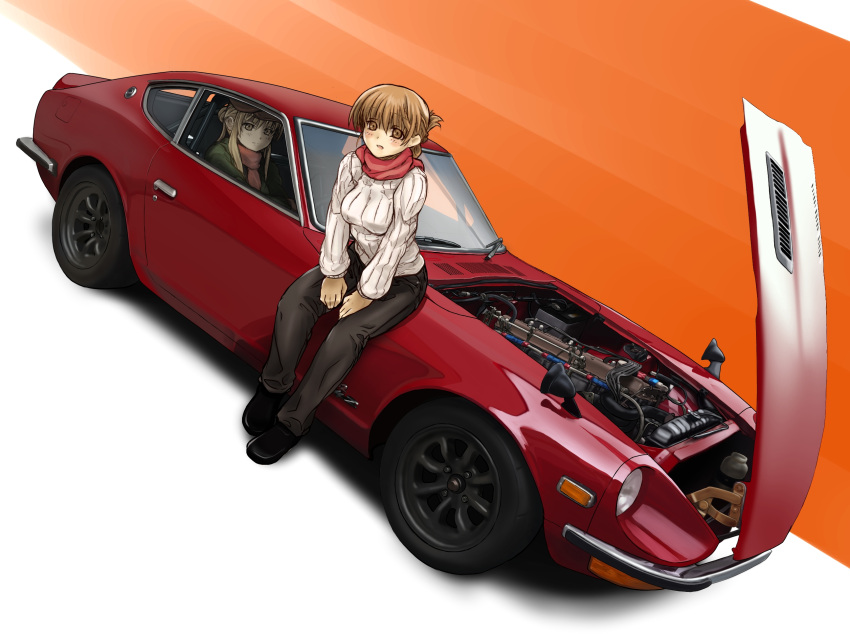 car, dutch_angle, engine, hat, highres, motor_vehicle, multiple_girls, nissan