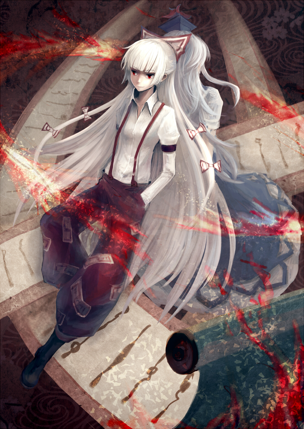 boots, bow, die_(artist), dress, dress_shirt, fujiwara_no_mokou, hair_bow, hands_in_pockets