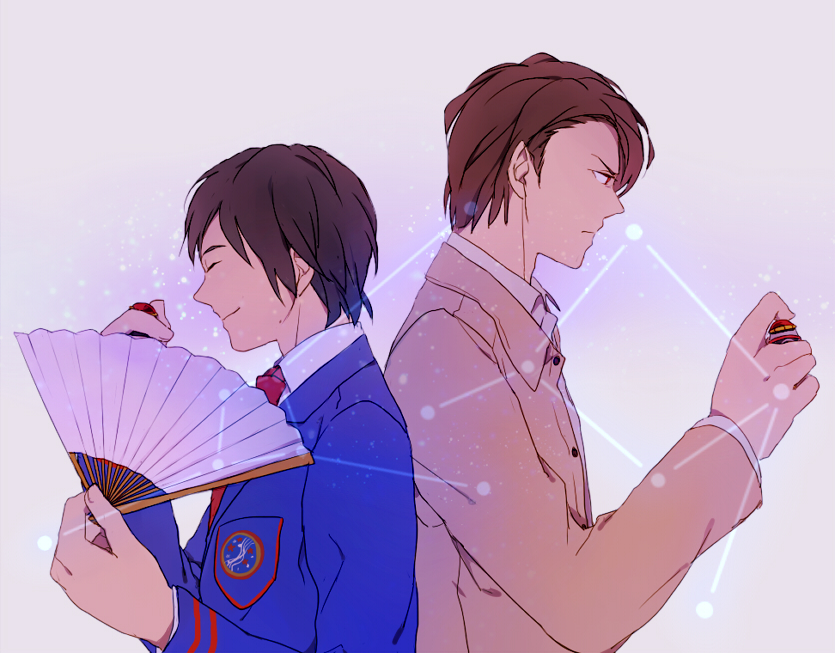 azkn, brown_hair, cancer, closed_eyes, constellation, eyes_closed, fan, folding_fan