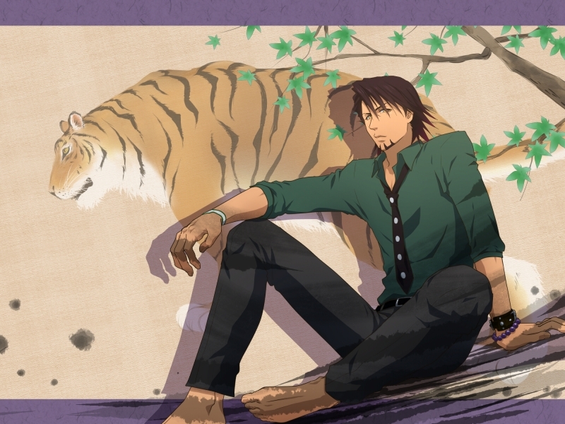barefoot, bracelet, brown_eyes, brown_hair, facial_hair, jewelry, kaburagi_t_kotetsu, male