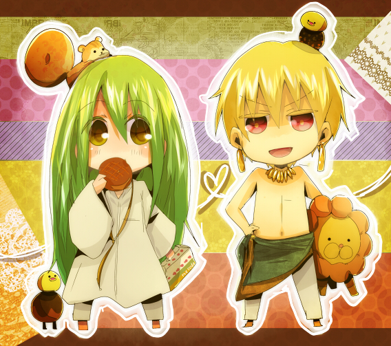 bird, blonde_hair, chibi, chick, cookie, enkidu_(fate/strange_fake), fate/strange_fake, fate/zero, fate_(series), food, gilgamesh, green_eyes, green_hair, jewelry, lion, long_hair, male, mister_donut, multiple_boys, necklace, pon_de_lion, red_eyes, shio_kuzumochi, shirtless, squirrel