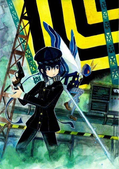 blue_eyes, blue_hair, cabbie_hat, gun, hat, persona, persona_4, reverse_trap