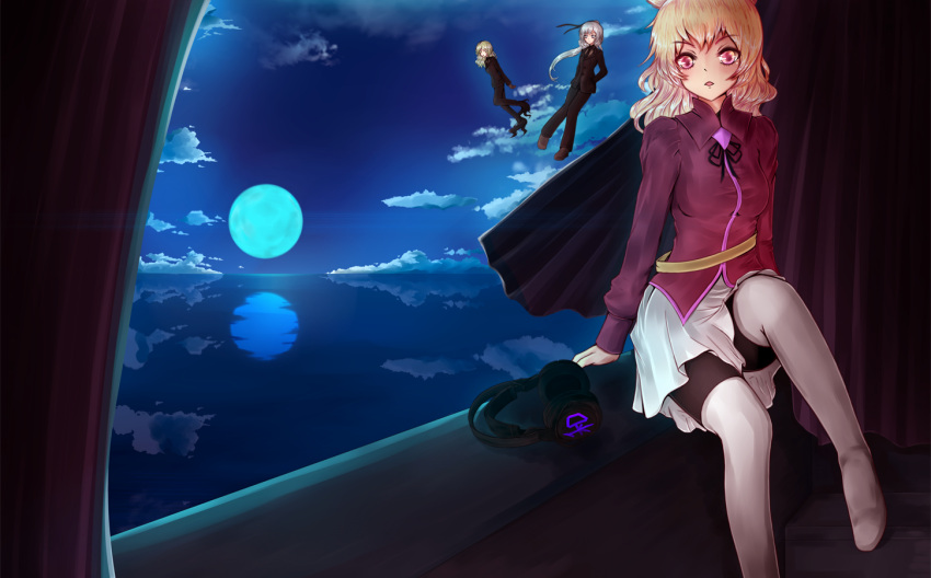 boots, clouds, cosplay, dusk/dawn, dusk/dawn_(artist), earmuffs, fate/zero, fate_(series), formal, full_moon, headphones, irisviel_von_einzbern, irisviel_von_einzbern_(cosplay), long_hair, mononobe_no_futo, moon, multiple_girls, night, pant_suit, pantyhose, red_eyes, reflection, saber, saber_(cosplay), soga_no_tojiko, suit, thigh-highs, thigh_boots, thighhighs, touhou, toyosatomimi_no_miko, water, wavy_hair, white_hair