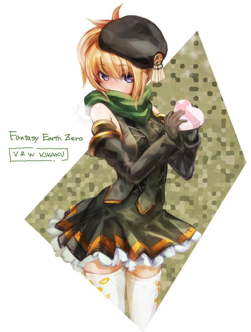 bare_shoulders, beret, blonde_hair, blush, chocolate, chocolate_heart, fantasy_earth_zero, hat