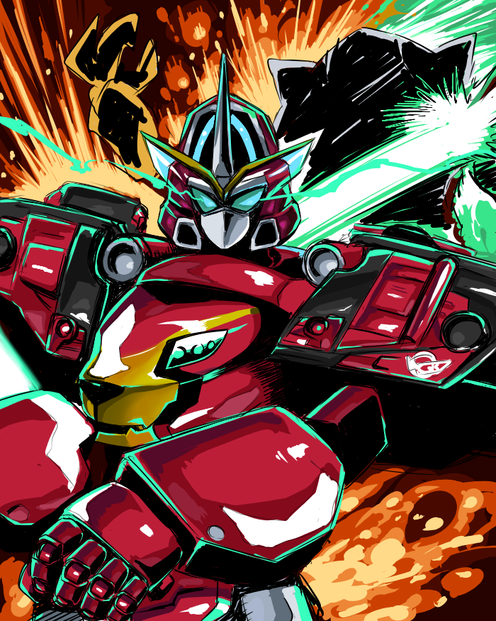 explosion, fangs, getter, glowing, glowing_eyes, go-buster_ace, horn, mecha, no_humans, solo, super_sentai, sword, tokumei_sentai_go-busters, weapon