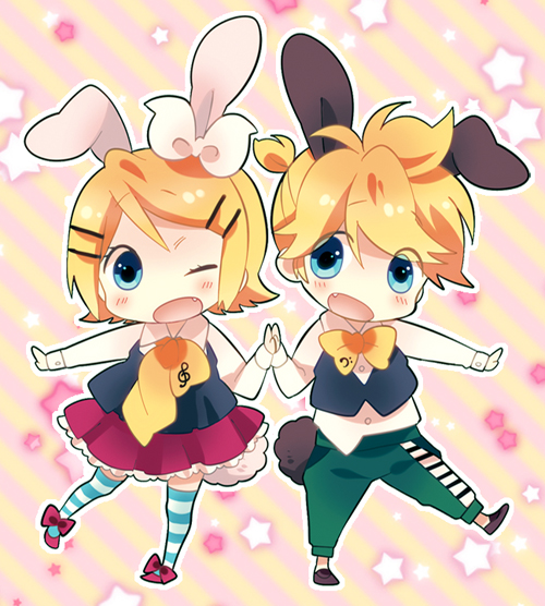 1girl, animal_ears, bad_id, blonde_hair, blue_eyes, bow, brother_and_sister, bunny_ears, chibi, diagonal_stripes, hair_ornament, hairclip, kagamine_len, kagamine_rin, non_(hey_you!), on_one_foot, ousaka_nozomi, siblings, skirt, standing_on_one_leg, star, striped, striped_background, striped_legwear, thigh-highs, thighhighs, twins, vocaloid, wink