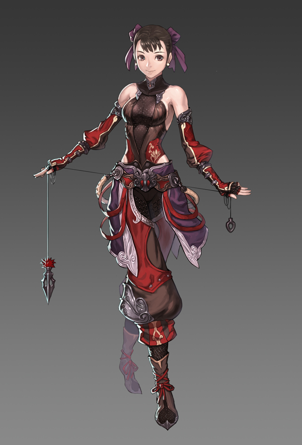 boots, breasts, brown_eyes, brown_hair, detached_sleeves, fingerless_gloves, gloves, hair_ribbon, morry, na_in-sung, ninja, original, ribbon, solo, standing, weapon