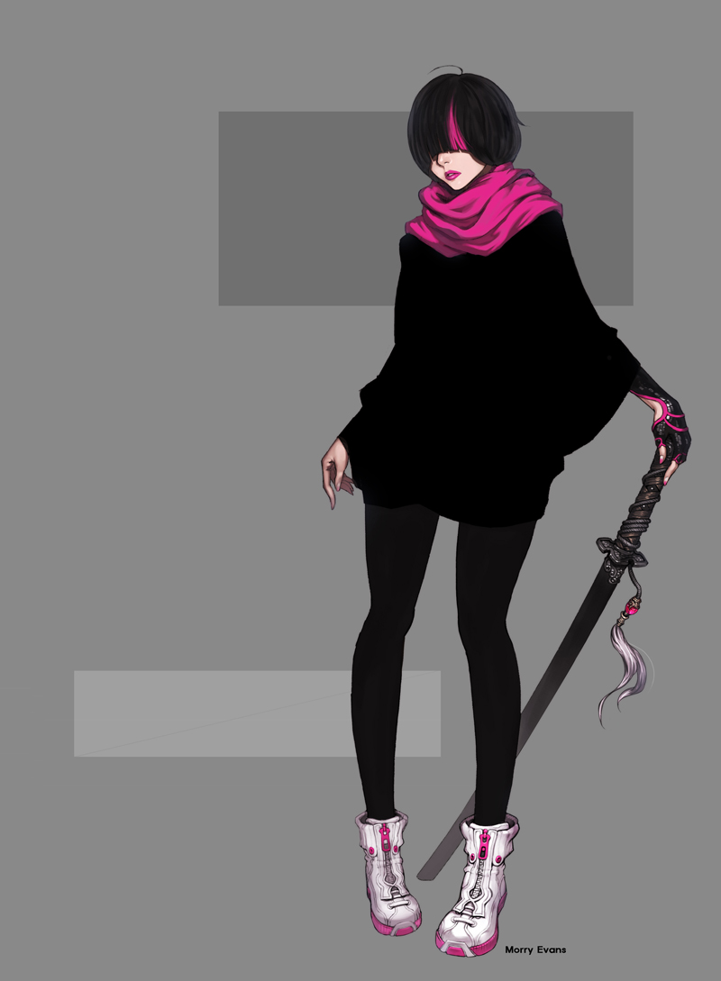 hair_over_eyes, highlights, katana, leggings, lips, morry, na_in-sung, original