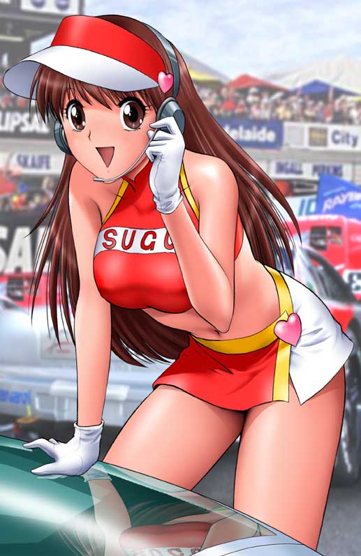 brown_eyes, brown_hair, cyberformula, d-2girls, future_gpx_cyber_formula, gloves, headset, heart, long_hair, midriff, miniskirt, open_mouth, photo_background, race_queen, racequeen, reflection, shingyouji_tatsuya, skirt, solo, sugo_asuka, sugou_asuka, visor_cap