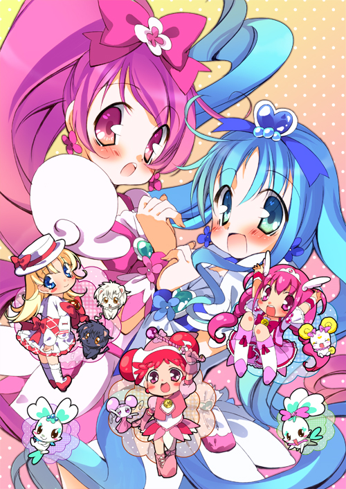 animal, arms_up, ashita_no_nadja, blonde_hair, blue_eyes, blue_hair, blush, boots, bow, c.jam-packed, candy_(smile_precure!), character_request, child, chocolat_(ashita_no_nadja), chypre_(heartcatch_precure!), coffret_(heartcatch_precure!), company_connection, cream_(ashita_no_nadja), cure_blossom, cure_happy, cure_marine, dodo_(ojamajo_doremi), double_bun, gradient, gradient_background, hair_bow, hanasaki_tsubomi, happy, harukaze_doremi, heartcatch_precure!, hoshizora_miyuki, kurumi_erika, lion, long_hair, magical_girl, multiple_girls, nadja_applefield, ojamajo_doremi, pink_background, pink_eyes, pink_hair, ponytail, precure, short_hair, skirt, smile_precure!, toei_animation, touei, twintails, wrist_cuffs, yellow_background