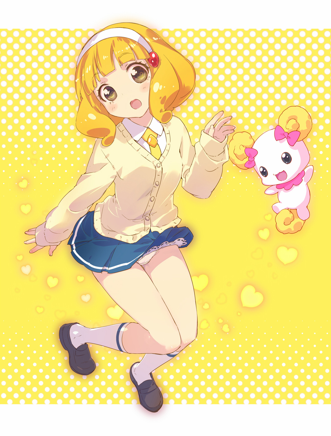 blonde_hair, candy_(smile_precure!), cardigan, creature, hairband, heart, heart-shaped_pupils, highres