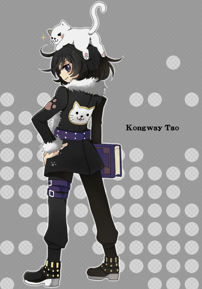 alternate_costume, animal_on_head, bad_id, black_eyes, black_hair, book, cat, cat_on_head