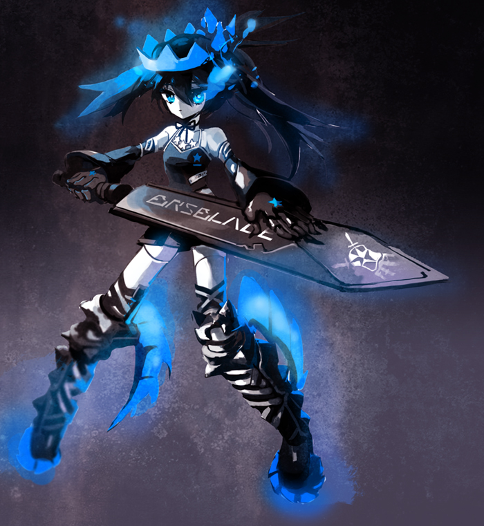 bare_shoulders, black_hair, black_rock_shooter, black_rock_shooter_(character), black_rock_shooter_beast, blue_eyes, boots, crown
