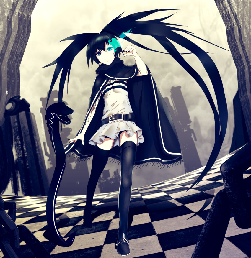 black_hair, black_rock_shooter, black_rock_shooter:_innocent_soul, black_rock_shooter_(character), blue_eyes, boots, checkered, glowing