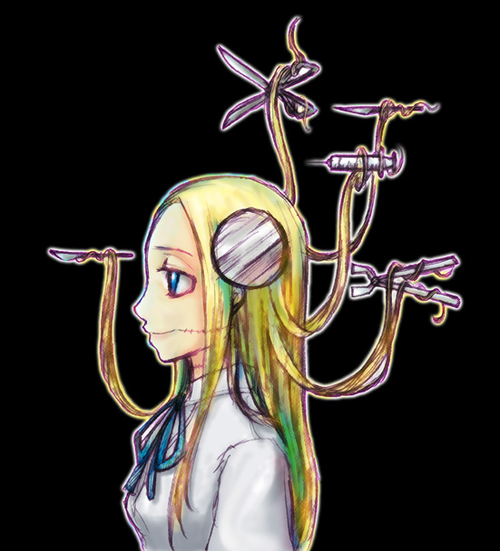 blonde_hair, blue_eyes, bolt, colorphase, forceps, franken_fran, glasgow_smile, labcoat