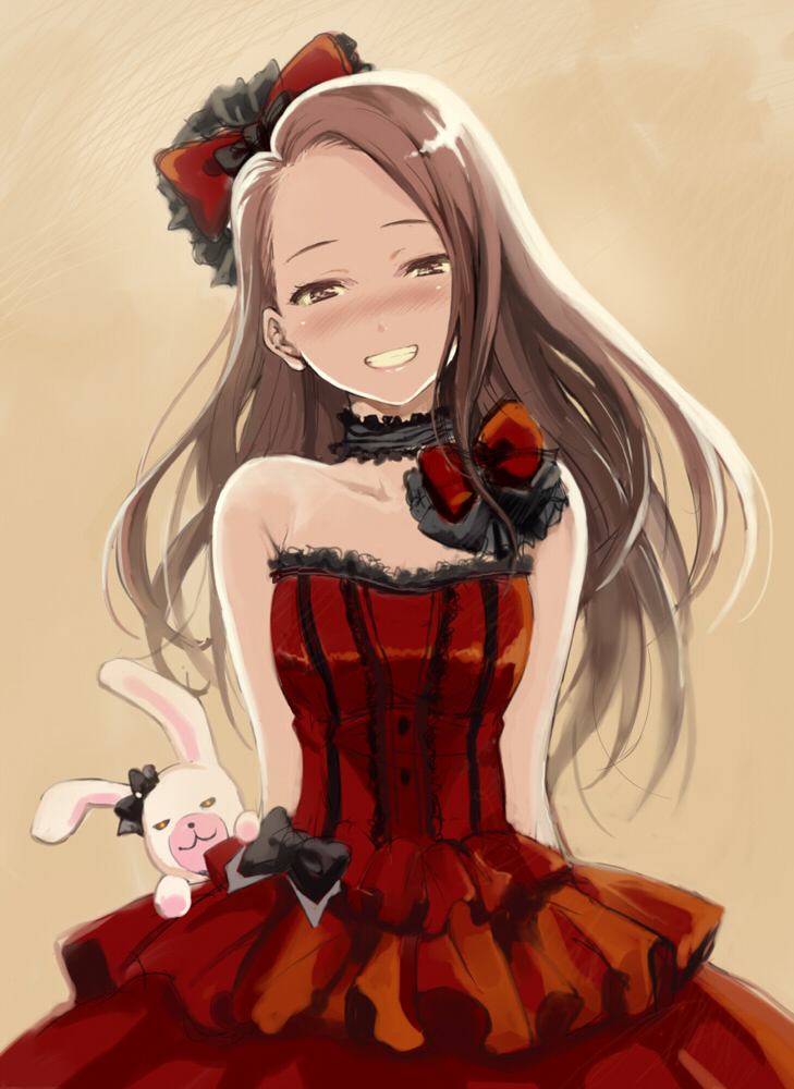 bare_shoulders, blush, brown_eyes, brown_hair, dress, frills, grin, hair_ribbon