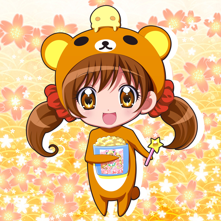 animal_costume, brown_eyes, brown_hair, floral_background, flower, fuu-chan_(precure), hat, isumi