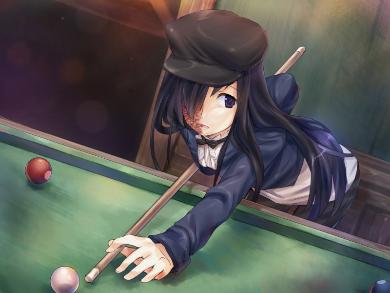 alternate_costume, bent_over, billiards, black_hair, cabbie_hat, casual, cue_ball, cue_stick