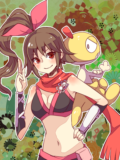 1girl, arm_guard, arm_guards, breasts, brown_hair, cleavage, hand_on_hip, hips