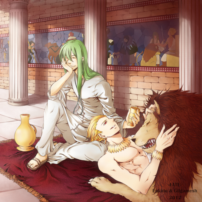 assassin_(fate/zero), berserker_(fate/zero), blackirish1988, blonde_hair, caster_(fate/zero), character_name, column, cup