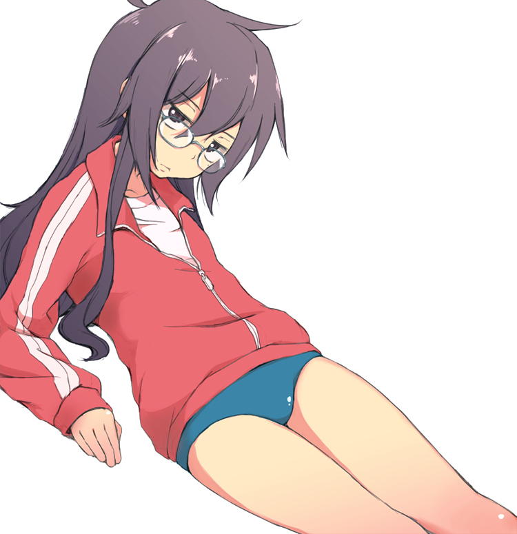 ahoge, black_eyes, black_hair, buruma, glasses, gym_uniform, izumi_konata, jacket