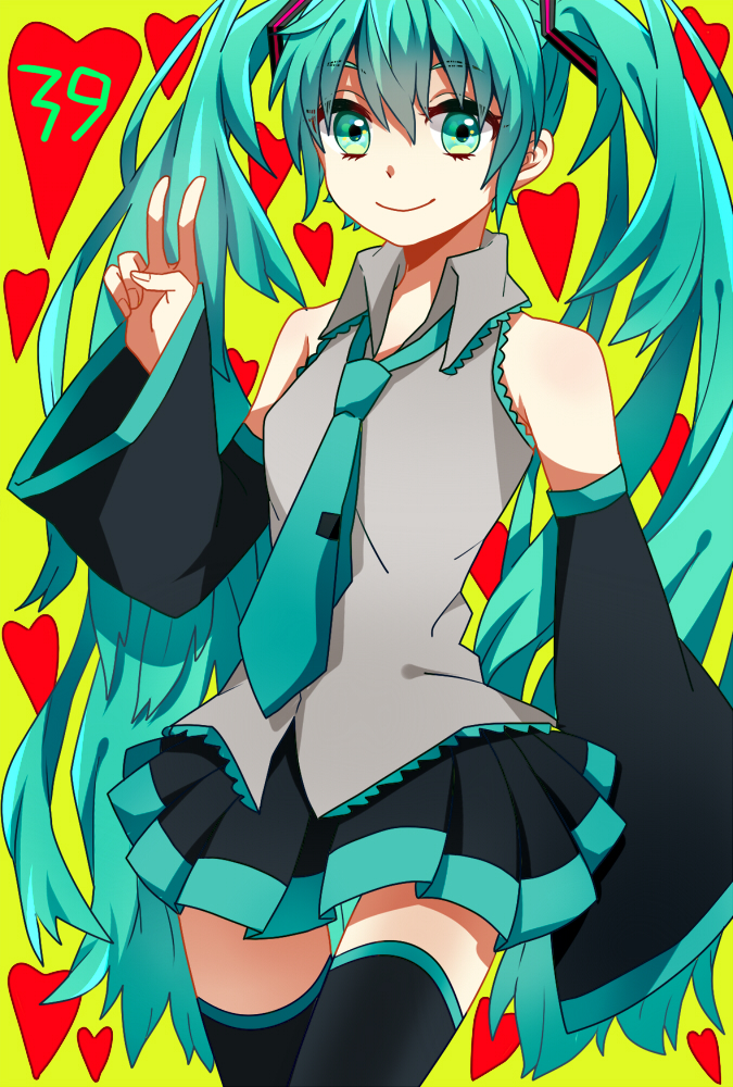 39, aqua_eyes, aqua_hair, detached_sleeves, eringi, hatsune_miku, long_hair, necktie