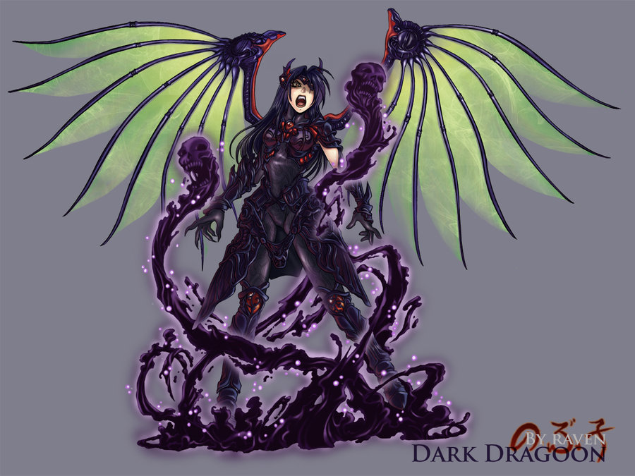 armor, aura, bone, breasts, claws, eyepatch, female, ghost, gloves, headgear, lipstick, long_hair, makeup, marci_miller, mound_of_venus, open_mouth, original, purple_hair, ravenousdarkhart, rose_(dragoon), signature, skull, solo, soul, spandex, teeth, the_legend_of_dragoon, tongue, watermark, wings