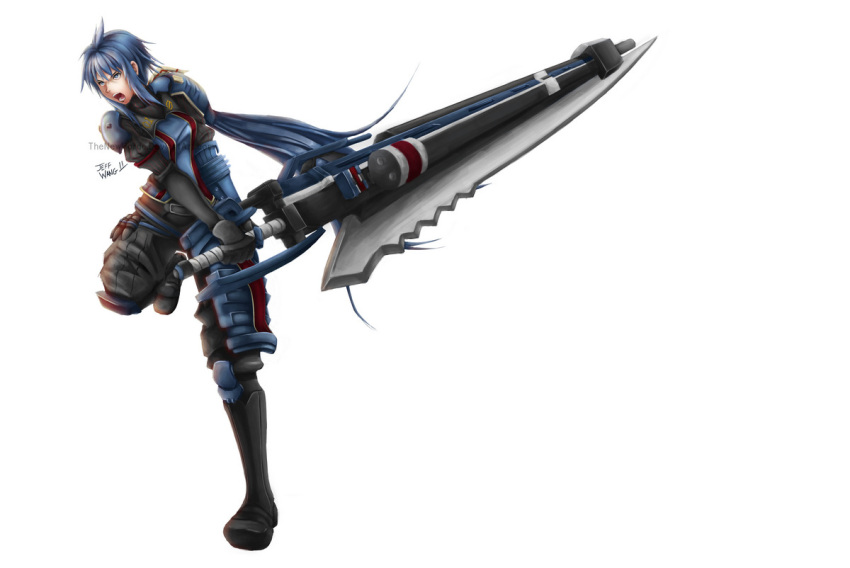 armor, blue_eyes, blue_hair, boots, faulds, gloves, gunblade, huge_weapon, imca, jeff_wang, kote, long_hair, military, military_uniform, pauldrons, ponytail, senjou_no_valkyria, senjou_no_valkyria_3, solo, uniform, var, weapon