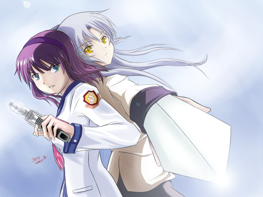 angel_beats!, back-to-back, blade, gun, hairband, hand_sonic, hidden_blade, highres, jeff_wang, long_hair, nakamura_yuri, pistol, purple_hair, school_uniform, silver_hair, tachibana_kanade, tachibana_kanade, weapon, yellow_eyes, yuri_(angel_beats!)