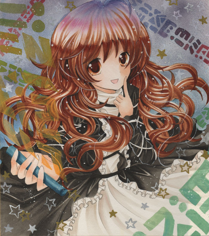 brown_eyes, brown_hair, dress, hijiri_byakuren, long_hair, mizame, open_mouth, scroll