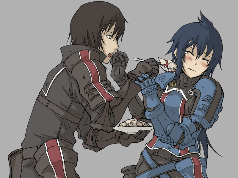 1girl, ahoge, armor, belt, blue_hair, blush, brown_eyes, brown_hair, closed_eyes, couple, darcsen, eyes_closed, faulds, feeding, female, food, fork, gauntlets, gloves, imca, koitsu_tera_auau, kurt_irving, long_hair, male, military, military_uniform, monomania, open_mouth, pauldrons, plate, ponytail, senjou_no_valkyria, senjou_no_valkyria_3, short_hair, simple_background, tears, uniform