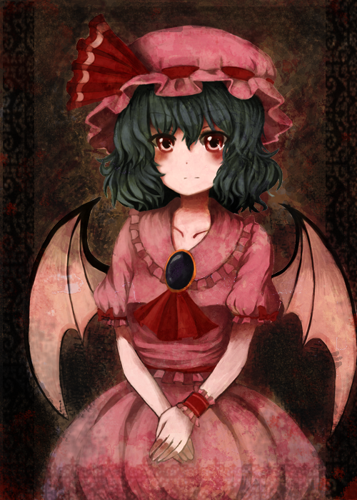 blush, looking_at_viewer, portrait, raayu, remilia_scarlet, solo, touhou, wings