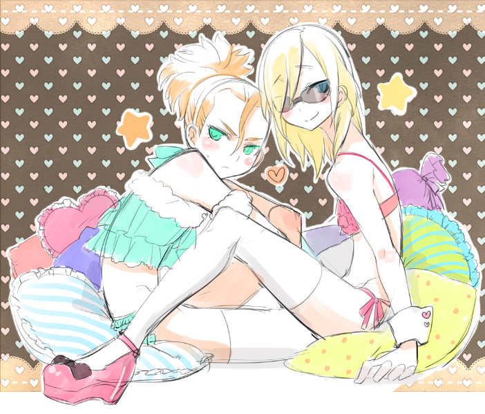 blonde_hair, blue_eyes, blush, bra, crossdressinging, glasses, green_eyes, inazuma_eleven