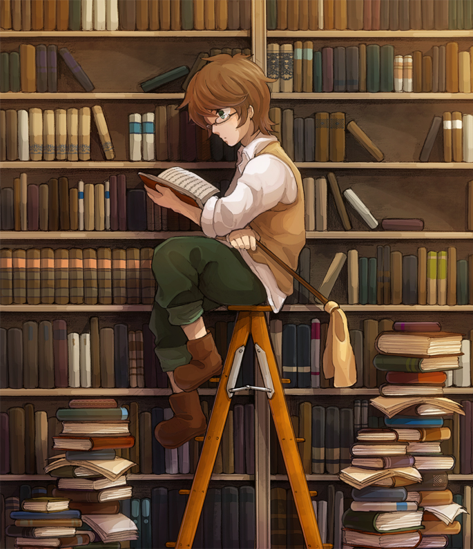 blue_eyes, book, bookshelf, boots, brown_hair, duster, glasses, harukaze